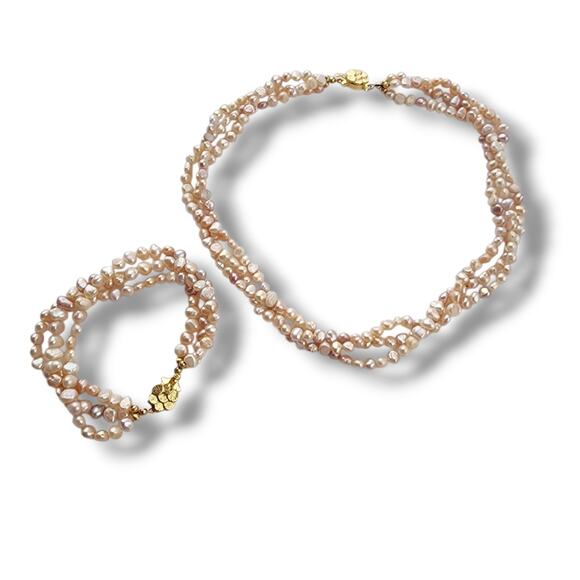 Genuine Pearl Statement Choker Necklace & Bracelet Set New Peachy Pink Old Money - Picture 1 of 11